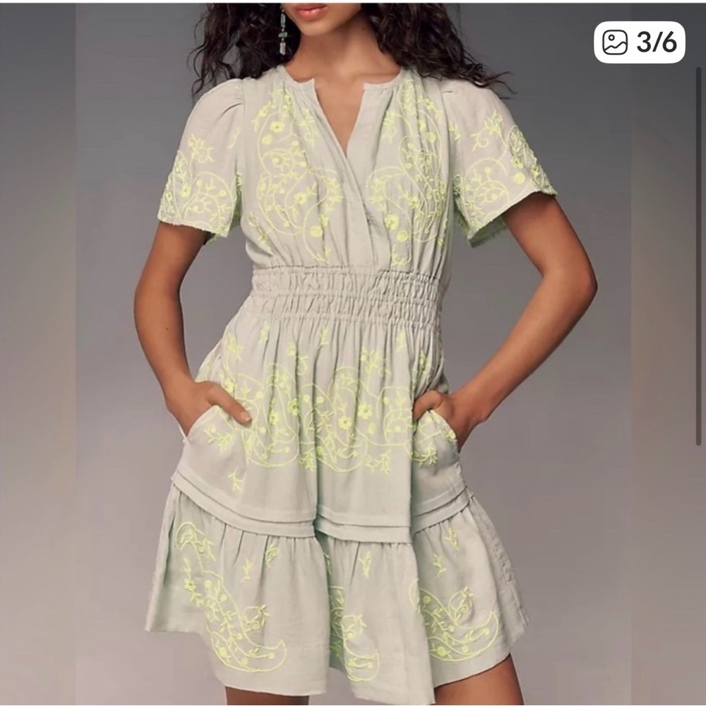 Anthropologie Light Gray Dress with Yellow Embroidery